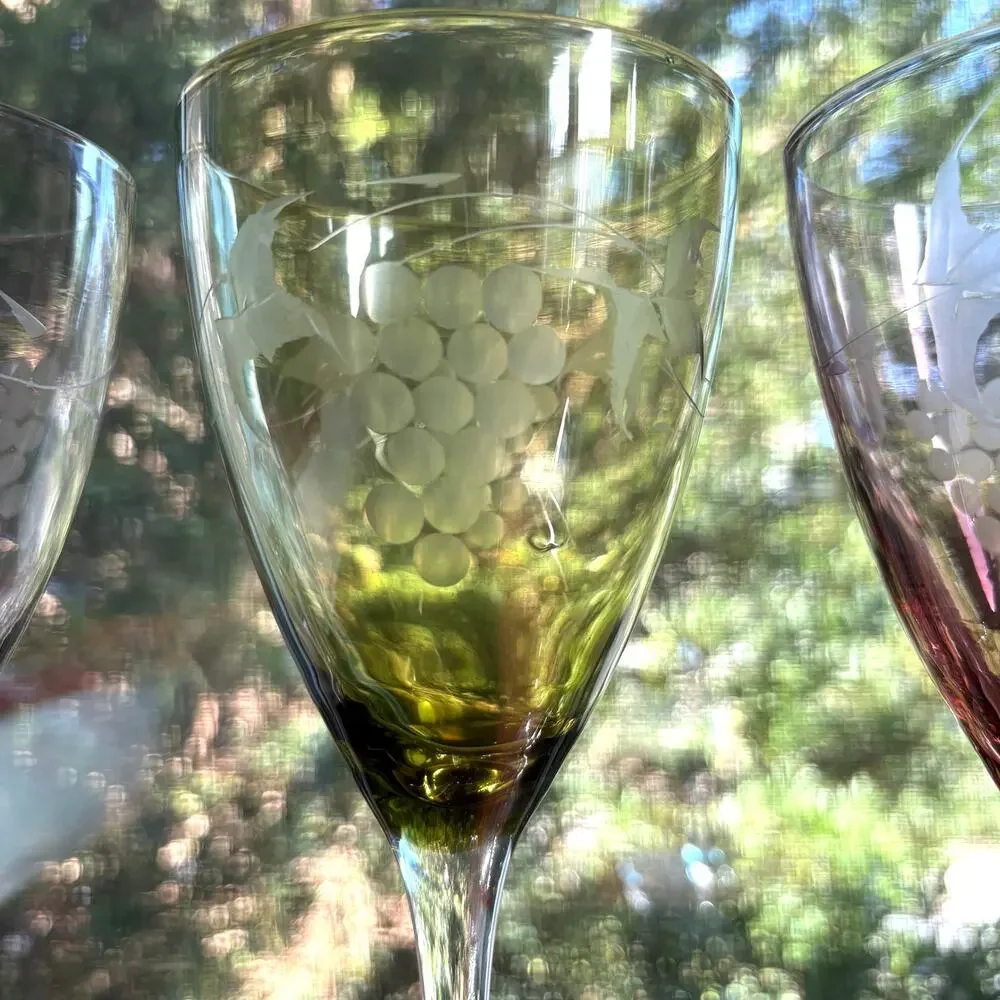 Hand Blown Wine Glasses Green & Purple Etched Grape Set of 3